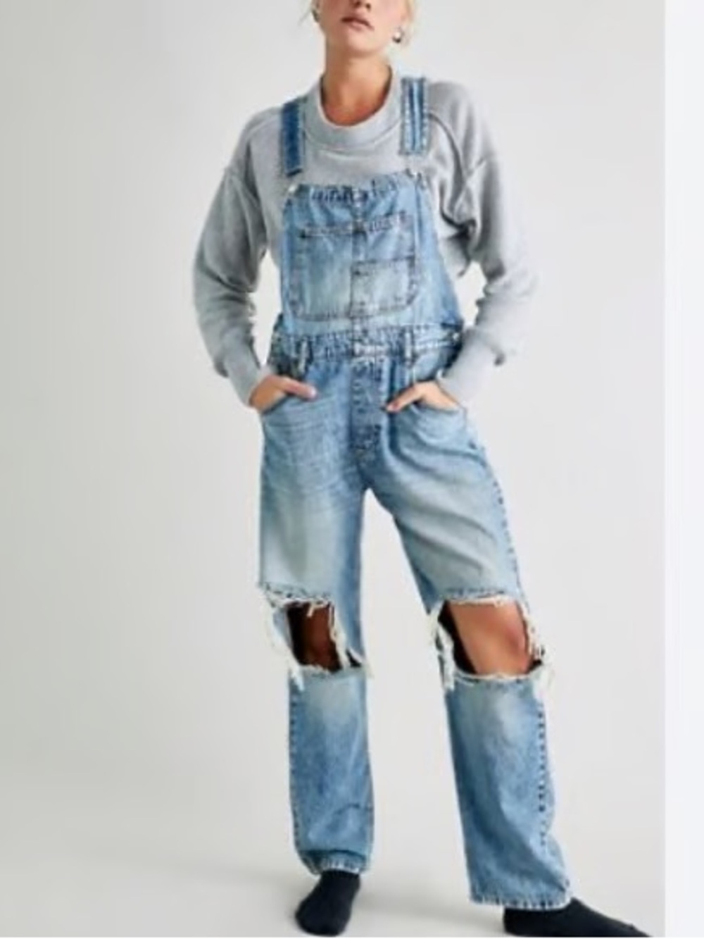 We The Free Ziggy Distressed Denim Overalls Blue Size Large